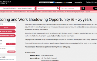 Screenshot of Volunteering Matters' Mentoring and Work Shadowing Opportunity programme page on the Local Offer