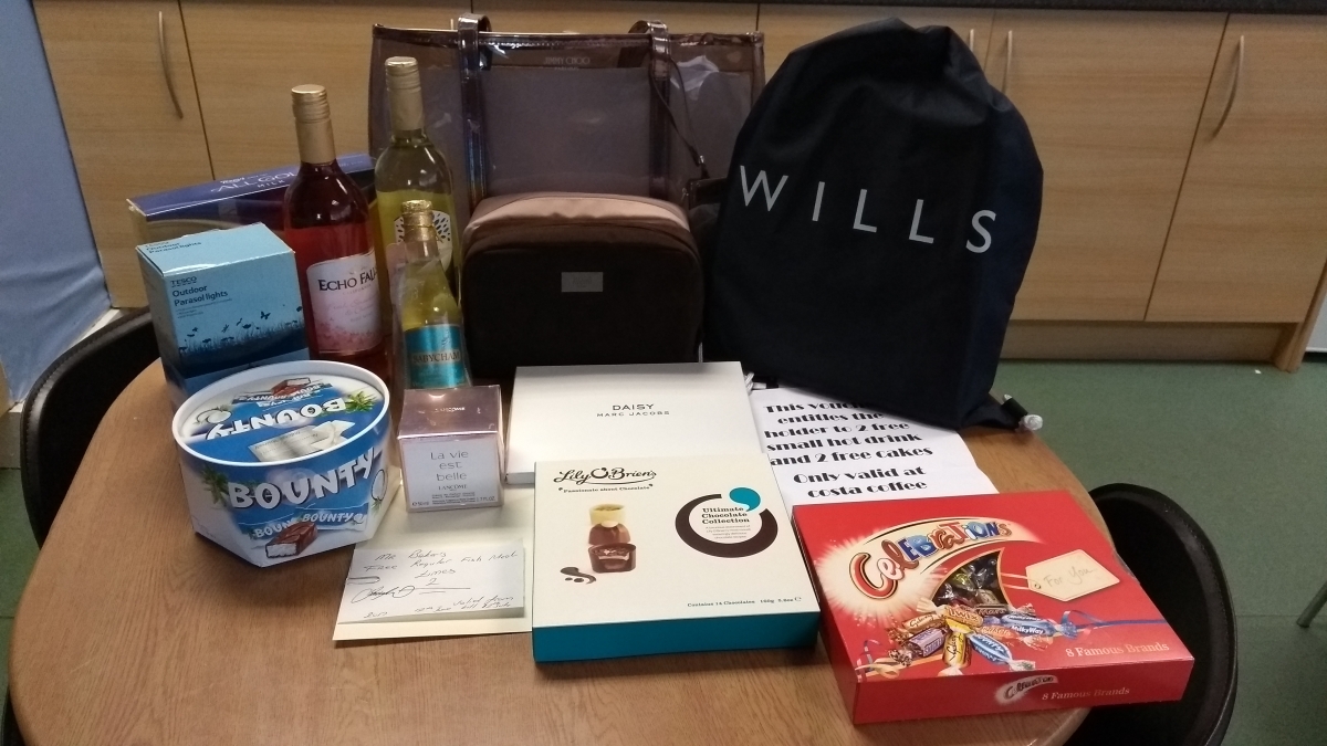 Carers Week raffle prizes - thanks to Boots Wythenshawe, Asda Wythenshawe, Costa Coffee Wythenshawe, Mr Baker's, and our volunteers Anita Mulvey, Sue O'Flaherty, Christine Darby