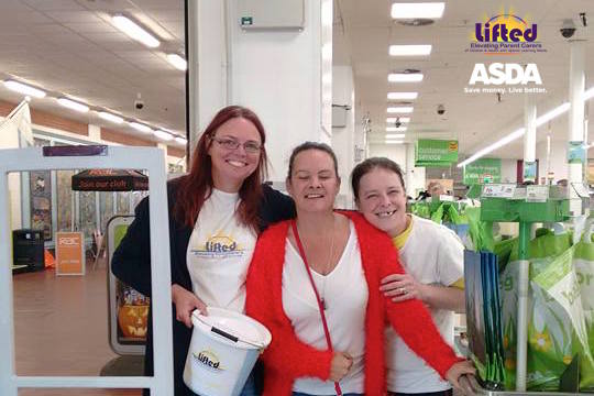 Photo from Lifted's bag packing fundraising activity at Asda Wythenshawe in autumn 2016