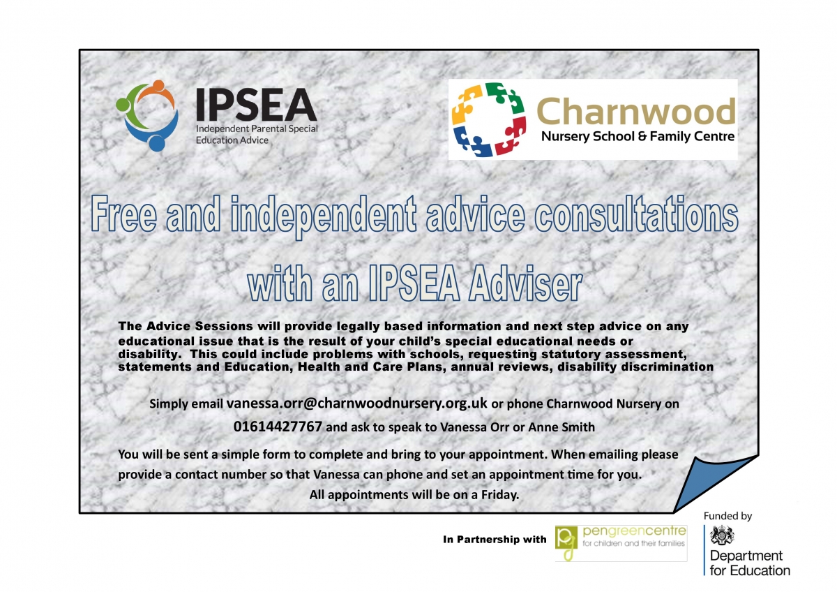 IPSEA-Charnwood face-to-face advice Flyer | IPSEA | Pen Green Centre | Charnwood Nursery
