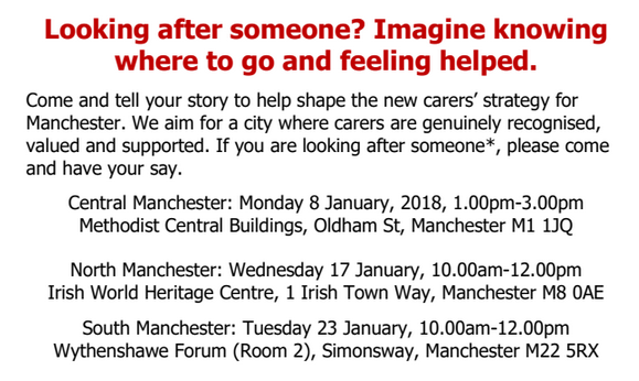 screenshot from the invitation to the "Carers in Manchester - Shaping the Strategy" event