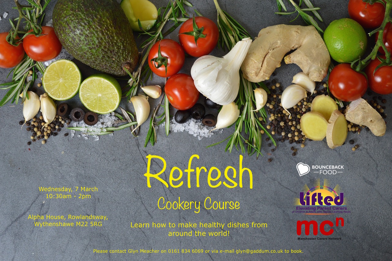 Poster for the 'Refresh' Cookery Course | With Bounceback Food and Manchester Carers Network | Photo credit: Pixabay