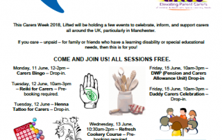 Poster listing Lifted's events for Carers Week 2018 | image credits: carersweek.org, clker.com, pixabay.com