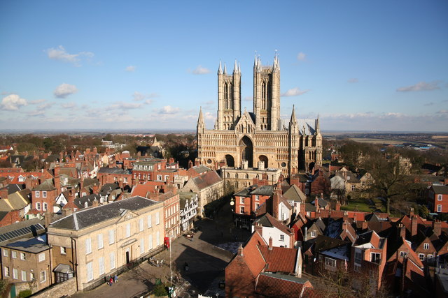 A view from across Castle Square and Exchequergate to the west front of the Cathedral from the top of the Castle Observatory Tower in Lincoln
