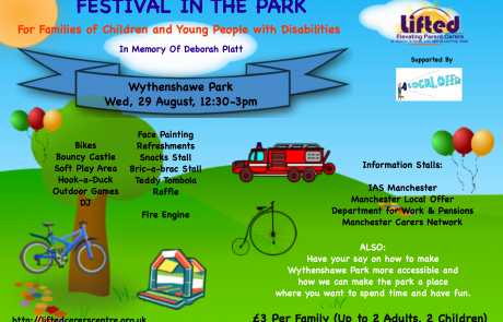 Festival in the Park 2018 poster | Lifted Carers' Centre's summer fair event at Wythenshawe Park in August 2018