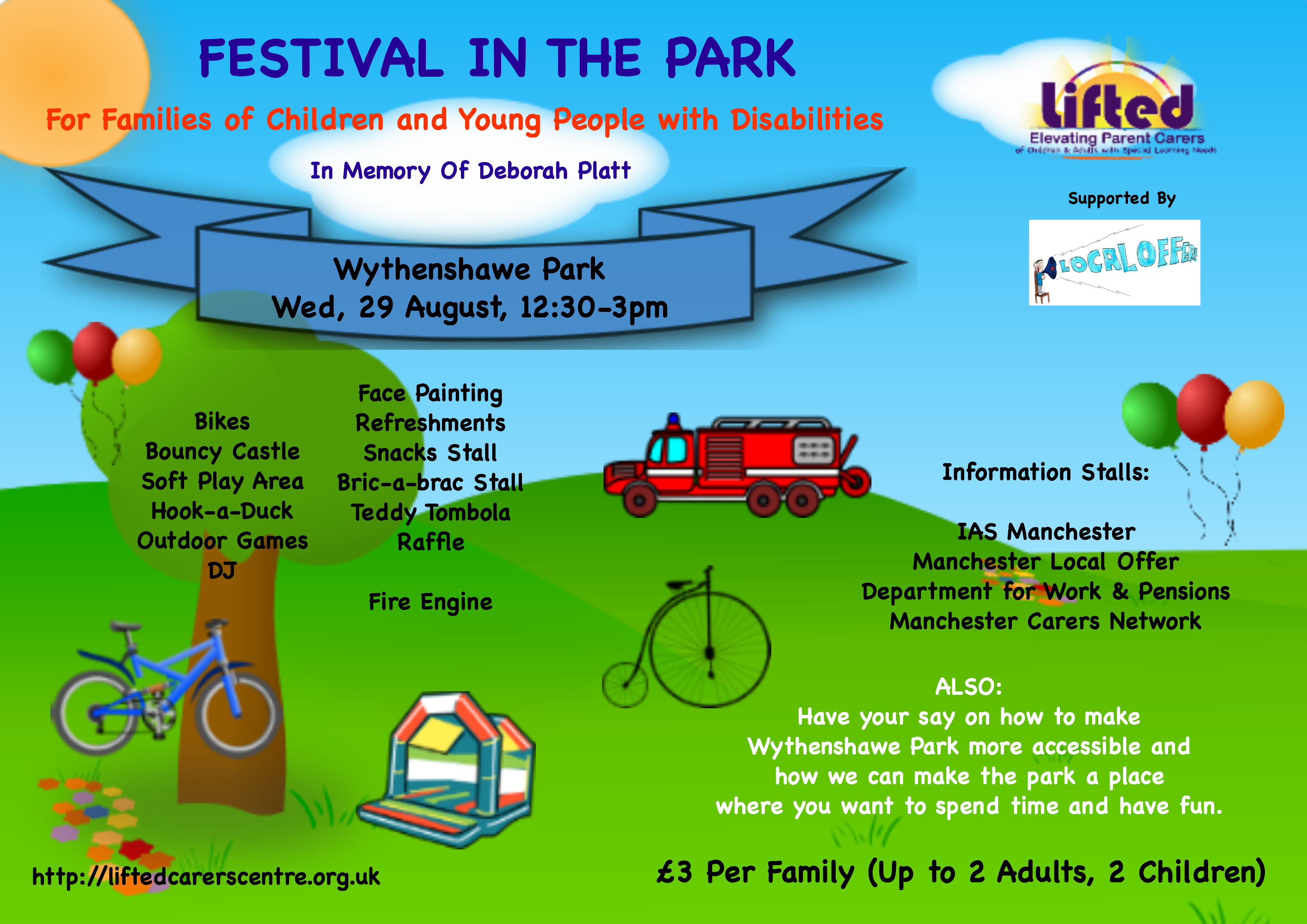 Festival in the Park 2018 poster | Lifted Carers' Centre's summer fair event at Wythenshawe Park in August 2018