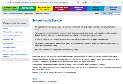Screenshot of Manchester's School Health Service page on the NHS CMFT website
