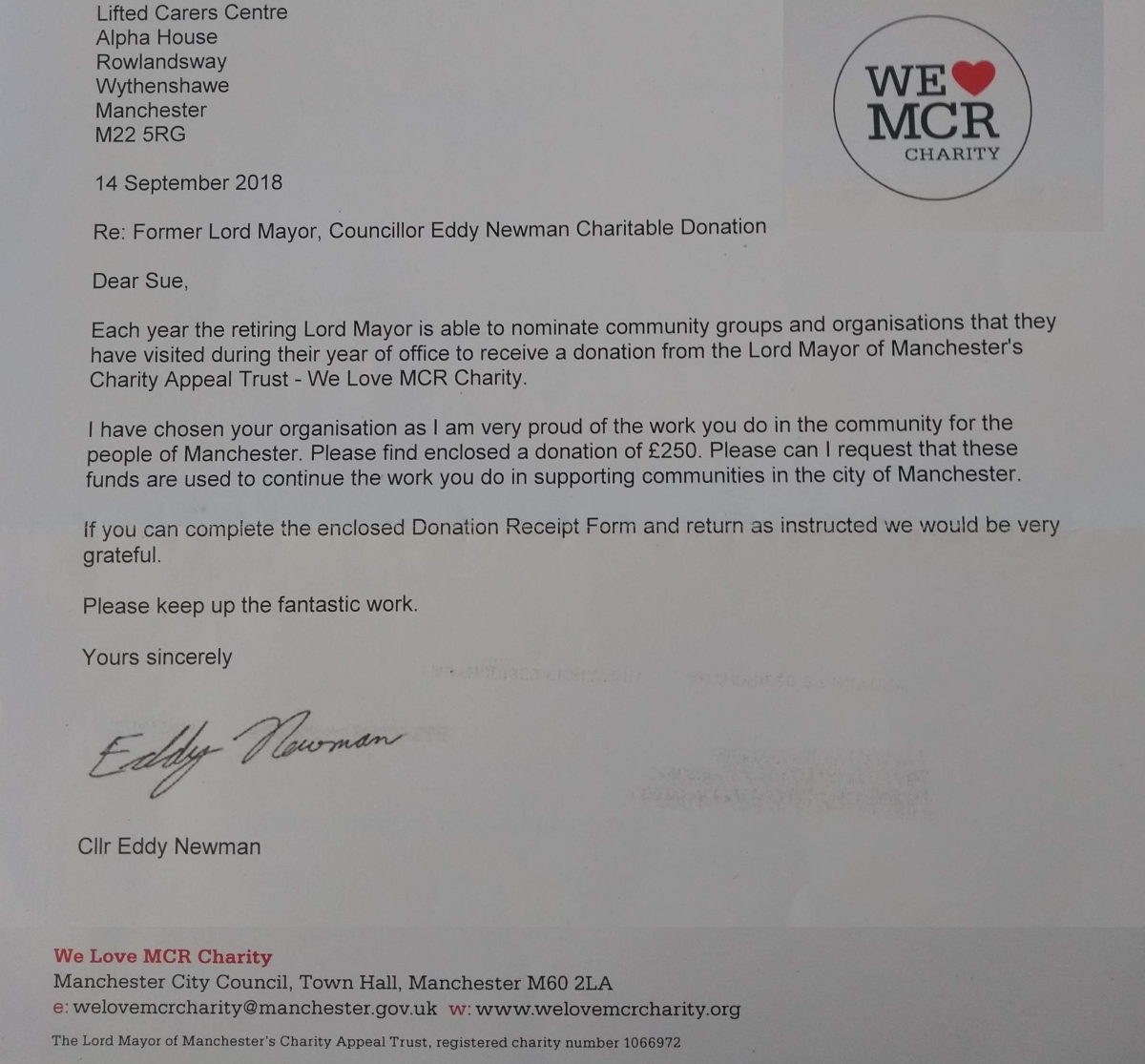 Cropped photo of the letter from We Love MCR Charity informing Lifted of their donation, as chosen by Councillor Eddy Newman