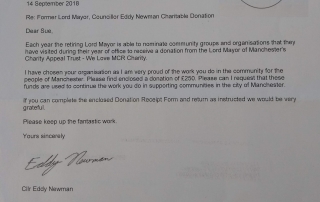 Cropped photo of the letter from We Love MCR Charity informing Lifted of their donation, as chosen by Councillor Eddy Newman