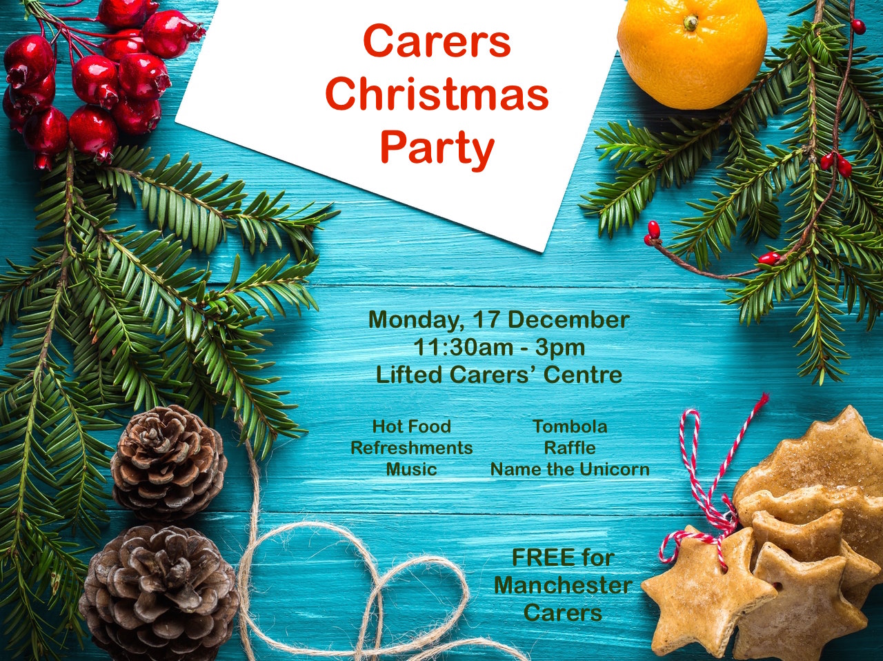 Christmas Party @ Lifted Carers Centre 2018 poster | image source: pexels.com