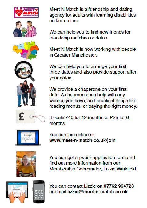 Meet N Match's "Easy Read flyer" with text about the agency and showing photos of dating, friendship, online devices, and a simplified map of Greater Manchester