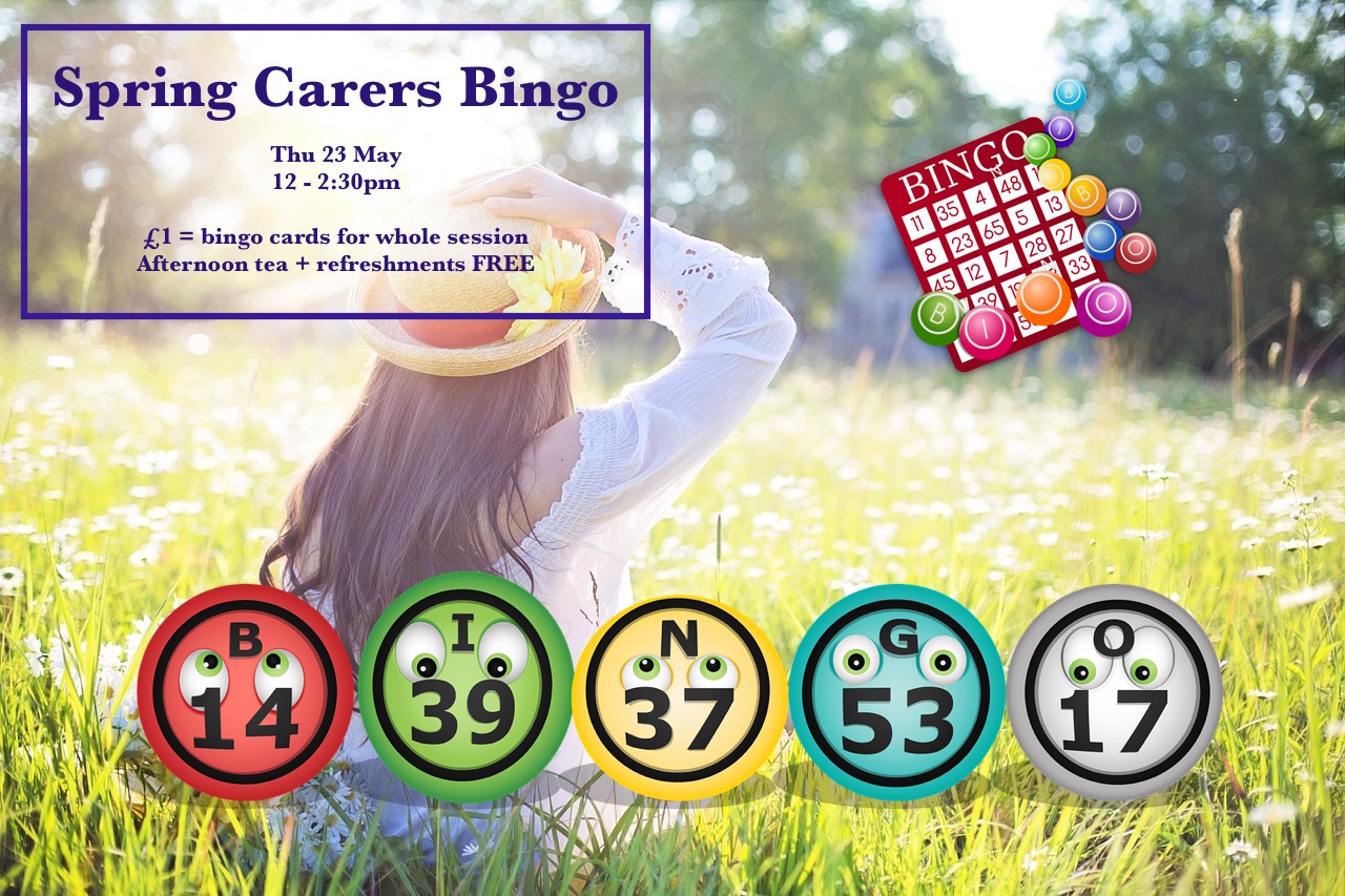 Poster for Lifted's Carers' Spring Bingo and Thursday Social 2019 | background image: woman wearing a hat, sat on a field; foreground images: bingo balls and card | original images from pixabay.com