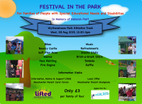 Festival in the Park 2019 poster showing an illustration of a park in the background, details of the event and Lifted's & Local Offer's logos on the foreground, and photos from last year's event