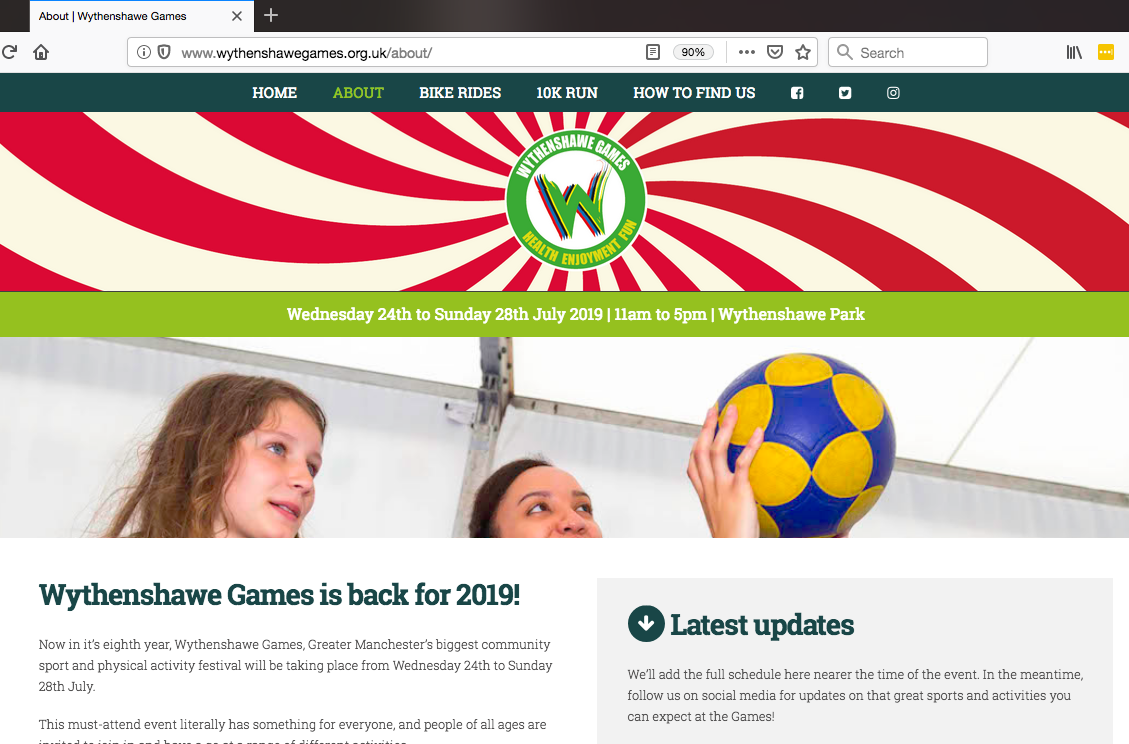 screenshot of the Wythenshawe Games website, showing the event logo and some information about the event