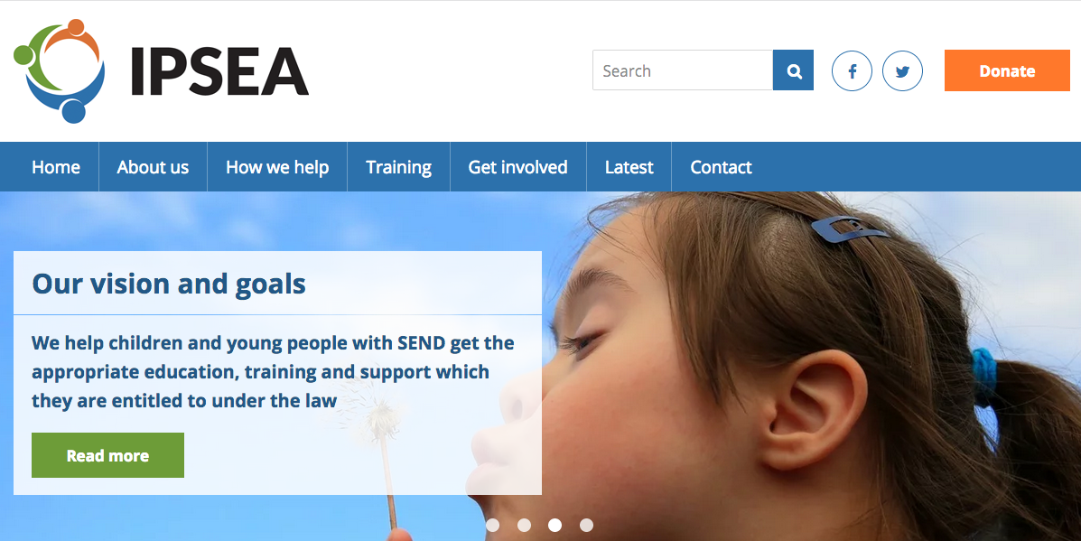 screenshot of the IPSEA website's homepage, showing some text, IPSEA's logo and a photo of a girl blowing a dandelion