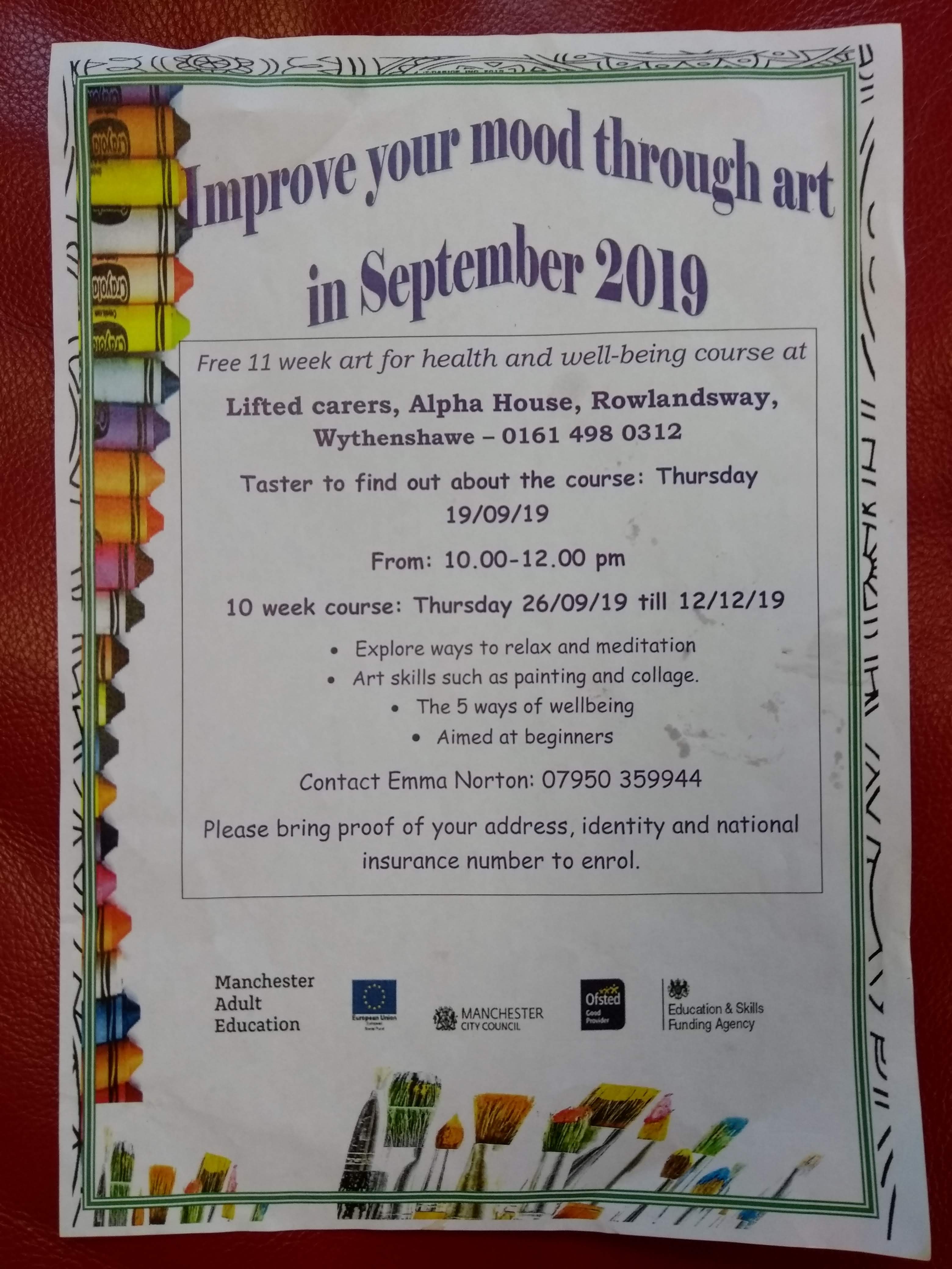Flyer for the "Improve Your Mood Through Art" course, containing details in text plus the logos of Manchester Adult Education, European Union, Manchester City Council, Ofsted, Education & Skills Funding Agency