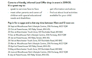 Page 2 of the SEND Local Offer Leaflet showing drop-in dates for 2019/2020 and logos of participating organisations