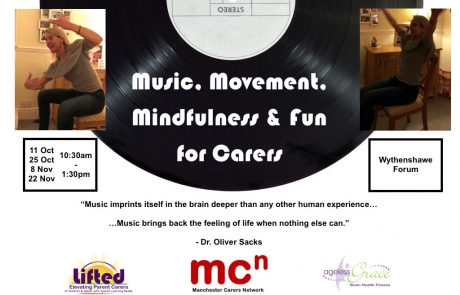 Flyer for "Music, Mindfulness & Fun" carers training programme, with details of the course and logos of Lifted, Manchester Carers Network and Ageless Grace UK | Image credit: pexels.com