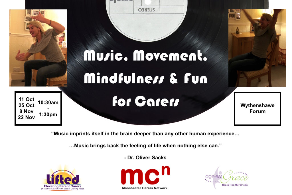 Flyer for "Music, Mindfulness & Fun" carers training programme, with details of the course and logos of Lifted, Manchester Carers Network and Ageless Grace UK | Image credit: pexels.com