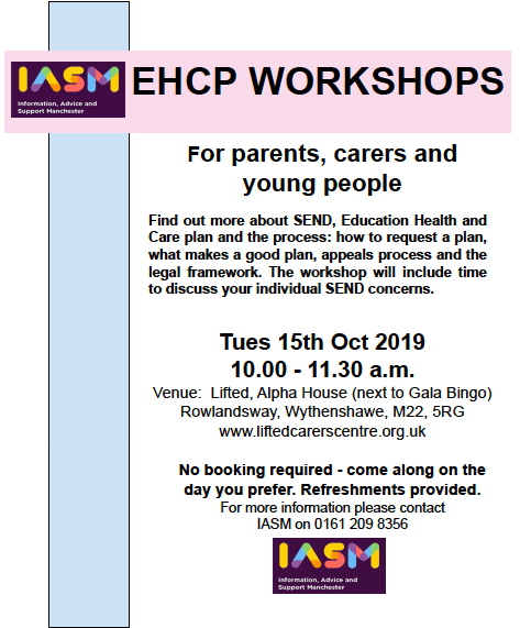 Amended version of IAS Manchester's EHCP Workshops 2019 flyer, showing only the details of the workshop in Lifted + IASM's logo