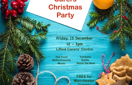 Details of the Christmas Party @ Lifted Carers Centre in 2019 | background image shows Christmas-y stuff such as pine cones, hollies, cookies | image source: pexels.com