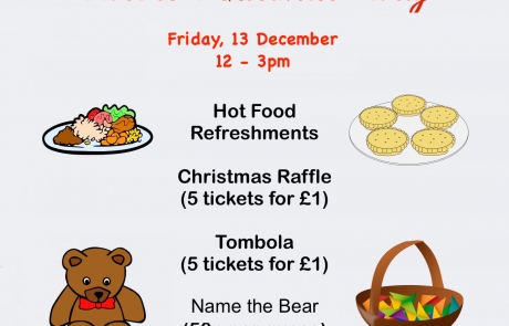 Details of the Christmas Party @ Lifted Carers' Centre in 2019 | Shows illustrations of food, a teddy bear, raffle basket, and buntings + photo of pine cones | main image source: pexels.com | illustration sources: clker.com, openclipart.org