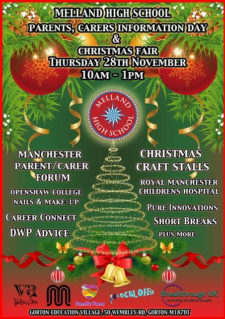 Flyer for Melland High School's Information Day & Christmas Fair 2019, showing event details and Christmas decorations