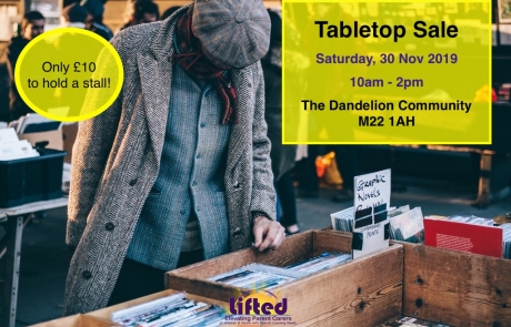 event details for Lifted's Tabletop Sale at The Dandelion Community Centre | background image: a man sifting through a box of prints