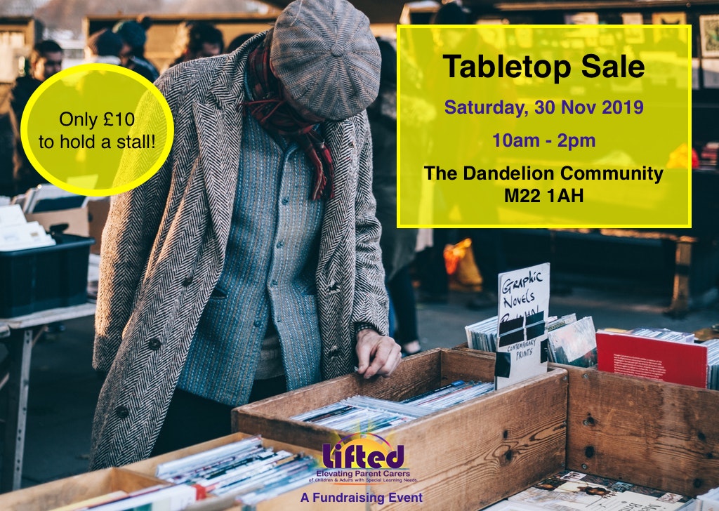 event details for Lifted's Tabletop Sale at The Dandelion Community Centre | background image: a man sifting through a box of prints