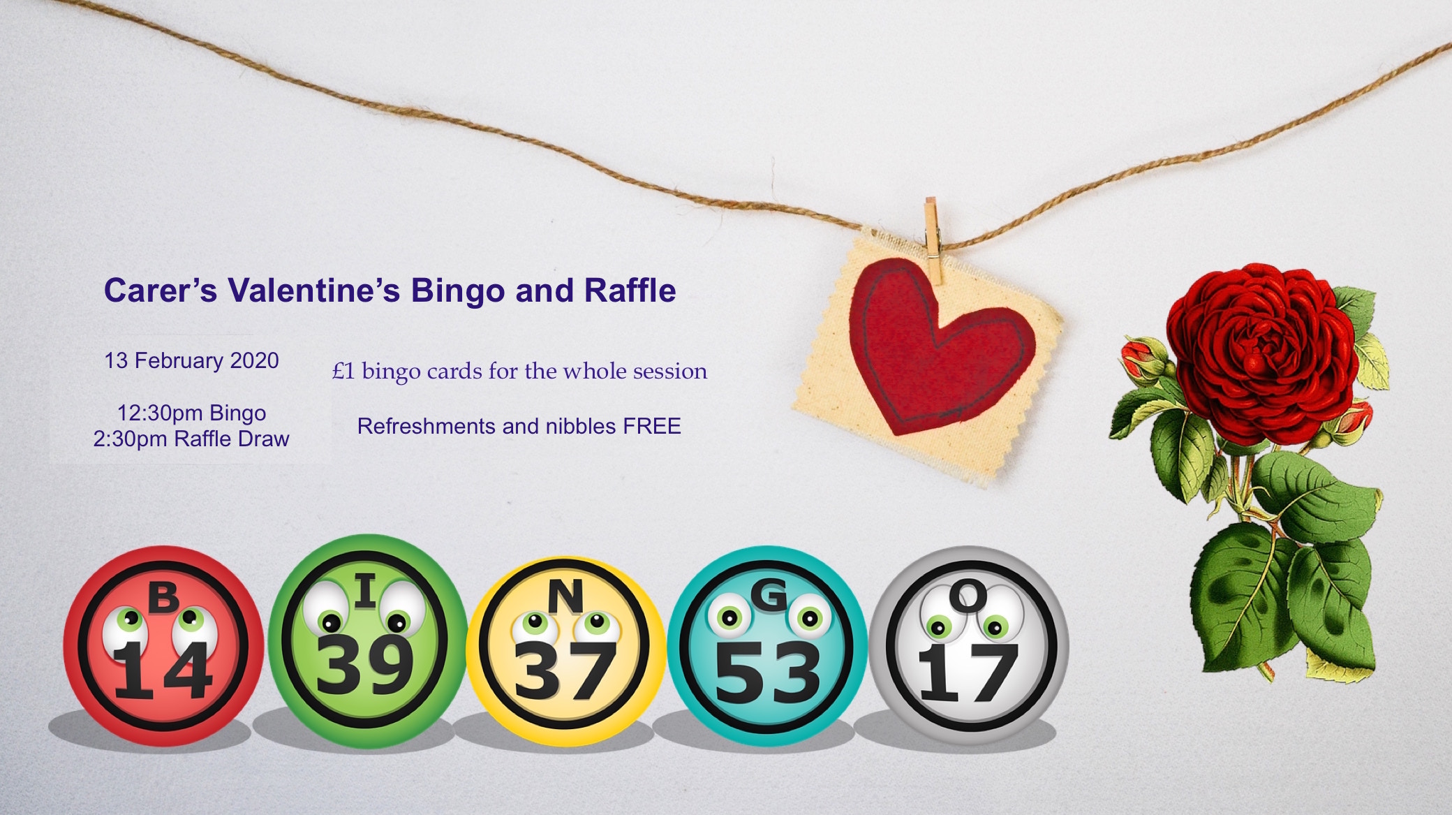 Poster for Lifted Carers' Valentine's Bingo and Raffle 2020 | background image: heart pendant; foreground images: rose, bingo balls | original images from pixabay.com and unsplash.com