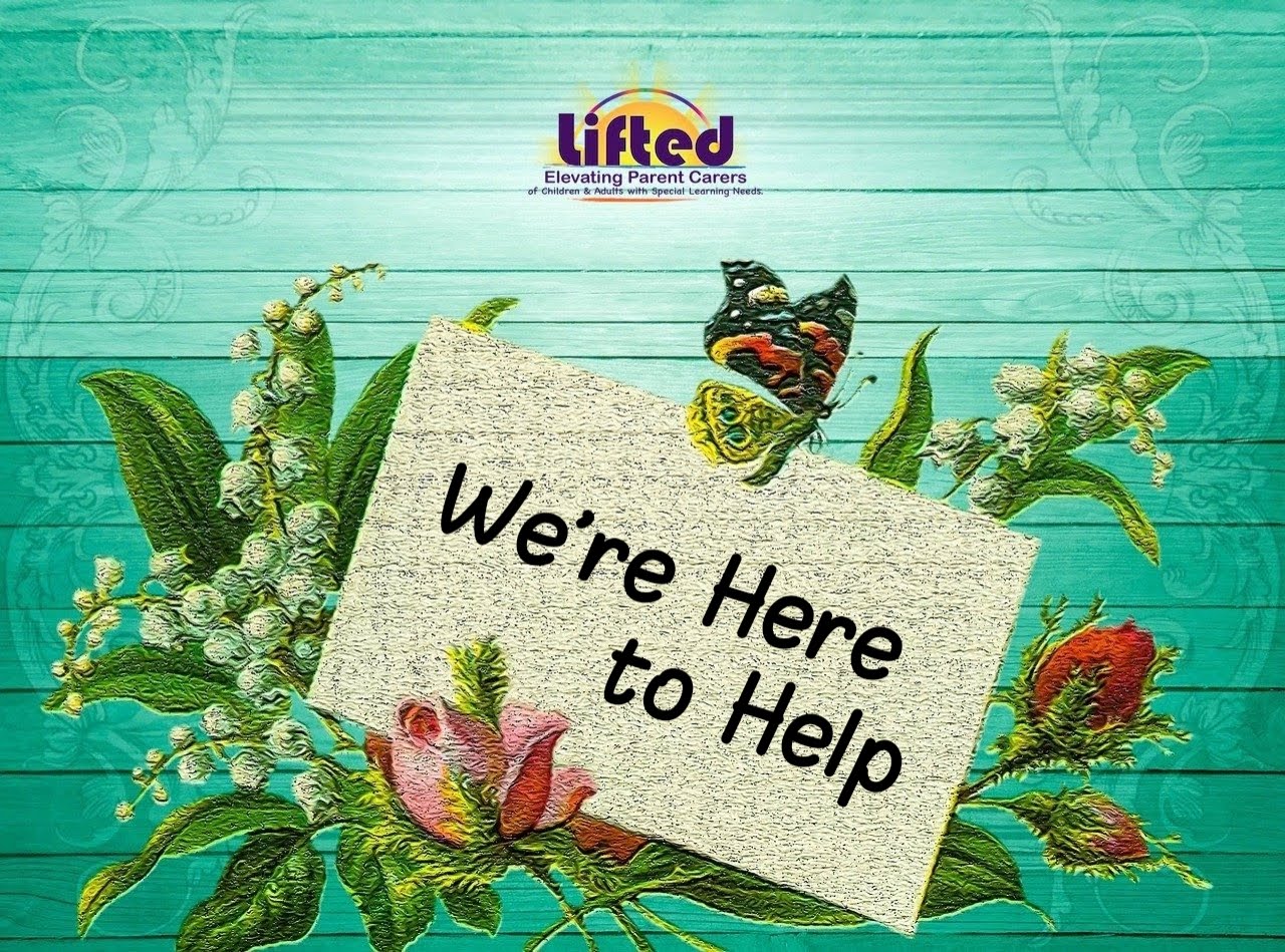 A card saying "We're Here to Help" surrounded by flowers and leaves, against a green wooden backdrop | background image by lillaby from Pixabay.com