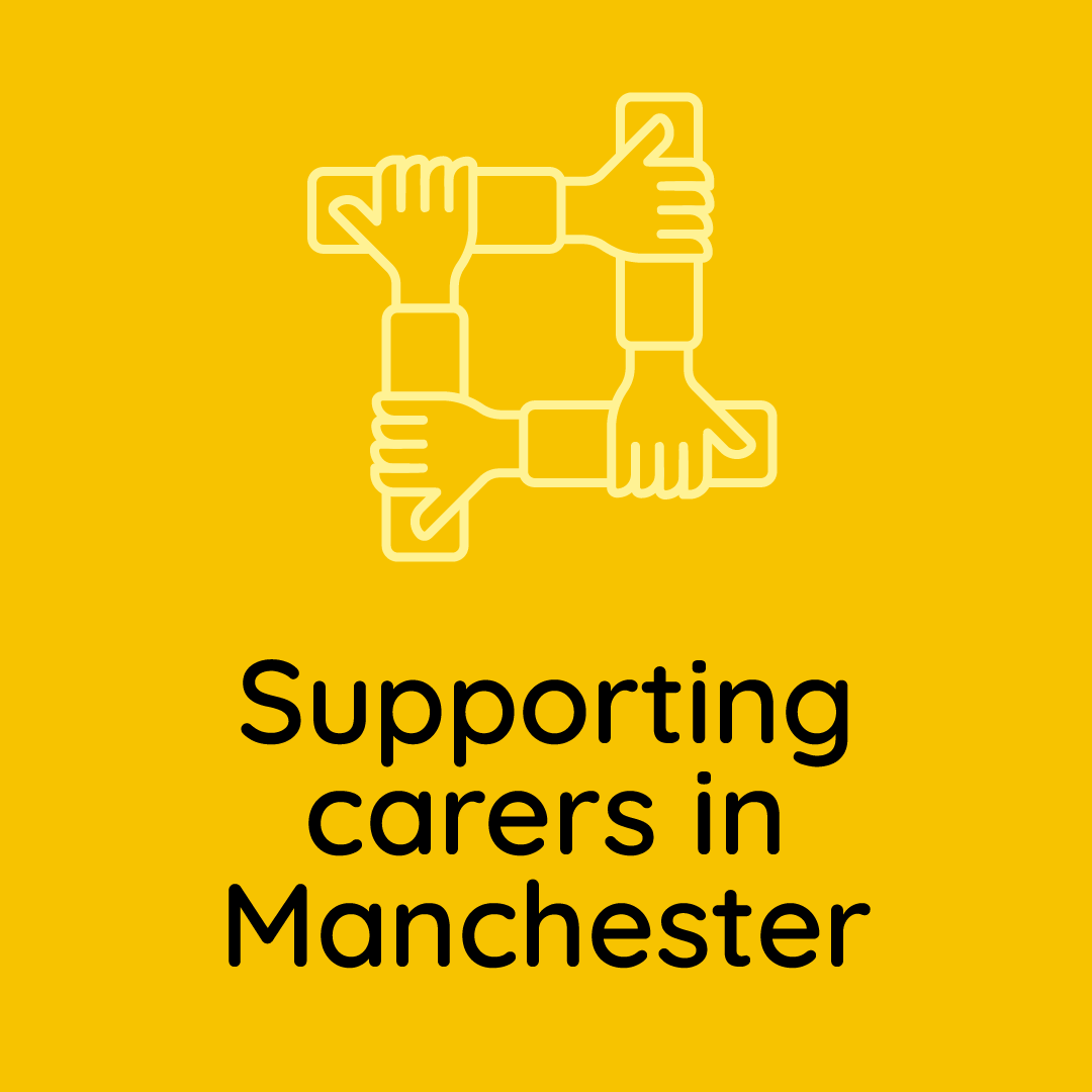 linked hands icon + the text "Supporting carers in Manchester"