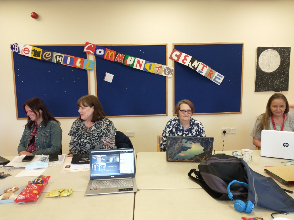 the Lifted team attending a Zoom chat while at Benchill Community Centre