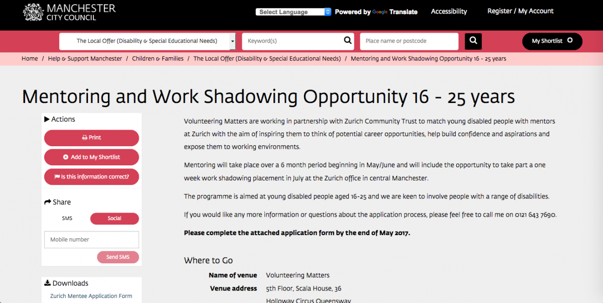 Screenshot of Volunteering Matters' Mentoring and Work Shadowing Opportunity programme page on the Local Offer