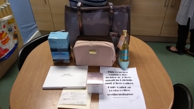 Carers Week raffle prizes - thanks to Boots Wythenshawe, Costa Coffee Wythenshawe, Mr Baker's, and Anita Mulvey