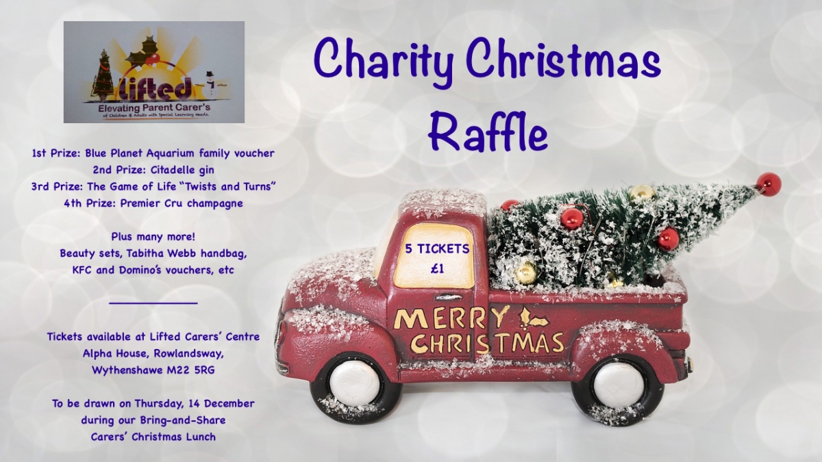 poster for Lifted carers' centre's Christmas raffle 2017