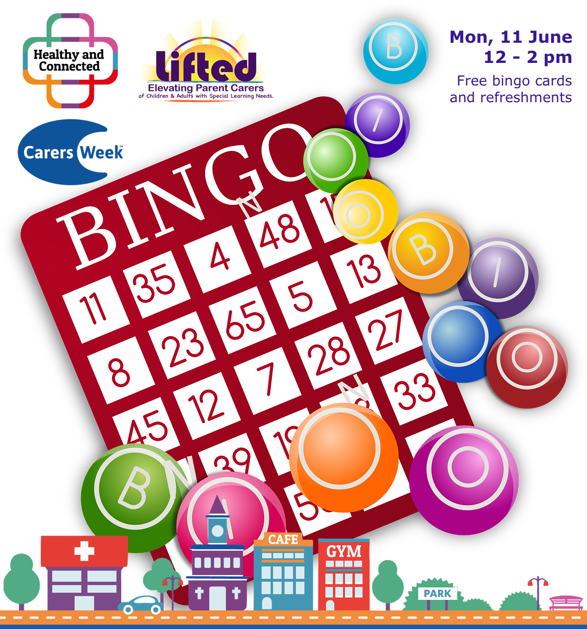 Poster for Lifted Carers' Spring Bingo 2018 | original images from pixabay.com and pexels.com | Carers Week logos via carersweek.org