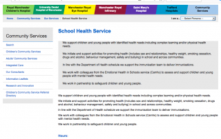 Screenshot of Manchester's School Health Service page on the NHS CMFT website