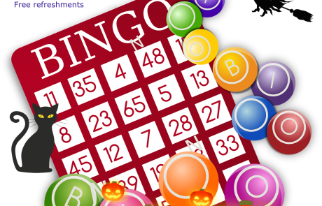 Poster for Lifted Carers' Halloween Bingo 2018 | background image: bingo card and balls; foreground images: pumpkins, bat, witch, black cat | original images from pixabay.com