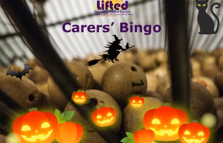 Teaser poster for Lifted Carers' Halloween Bingo 2018 | background image: bingo balls; foreground images: pumpkins, bat, witch, black cat | original images from pixabay.com