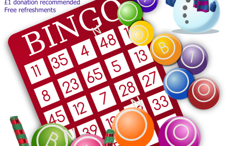 Poster for Lifted Carers' Christmas Bingo 2018 | background image: bingo card and balls; foreground images: santa's bag, snowman, candy canes | original images from pixabay.com and pexels.com