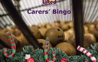 Teaser poster for Lifted Carers' Christmas Bingo 2018 | background image: bingo balls; foreground images: candy canes and holly | original images from pixabay.com and pexels.com