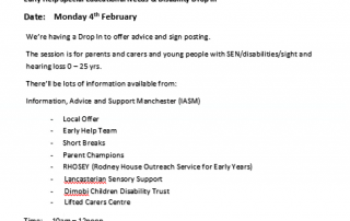 Flyer for the February 2019 SEND Coffee Morning listing down organisations holding stalls on the day