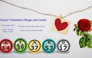 Poster for Lifted Carers' Valentine's Bingo and Lunch 2019 | background image: heart pendant; foreground images: rose, bingo balls | original images from pixabay.com and unsplash.com