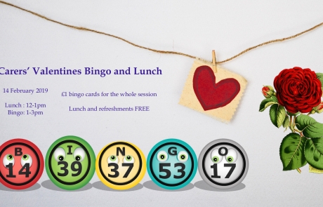 Teaser poster for Lifted Carers' Valentine's Bingo and Lunch 2019 | background image: heart pendant; foreground images: rose and bingo balls | original images from pixabay.com and unsplash.com