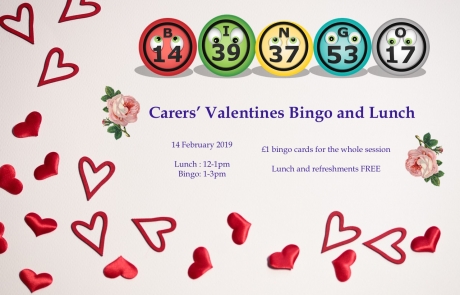 Poster for Lifted Carers' Valentine's Bingo and Lunch 2019 | background image: hearts wallpaper; foreground images: roses and bingo balls | original images from pixabay.com and pexels.com