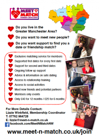 Meet N Match's "Easy Read flyer" with text about the agency and showing photos of various couples and a simplified map of Greater Manchester