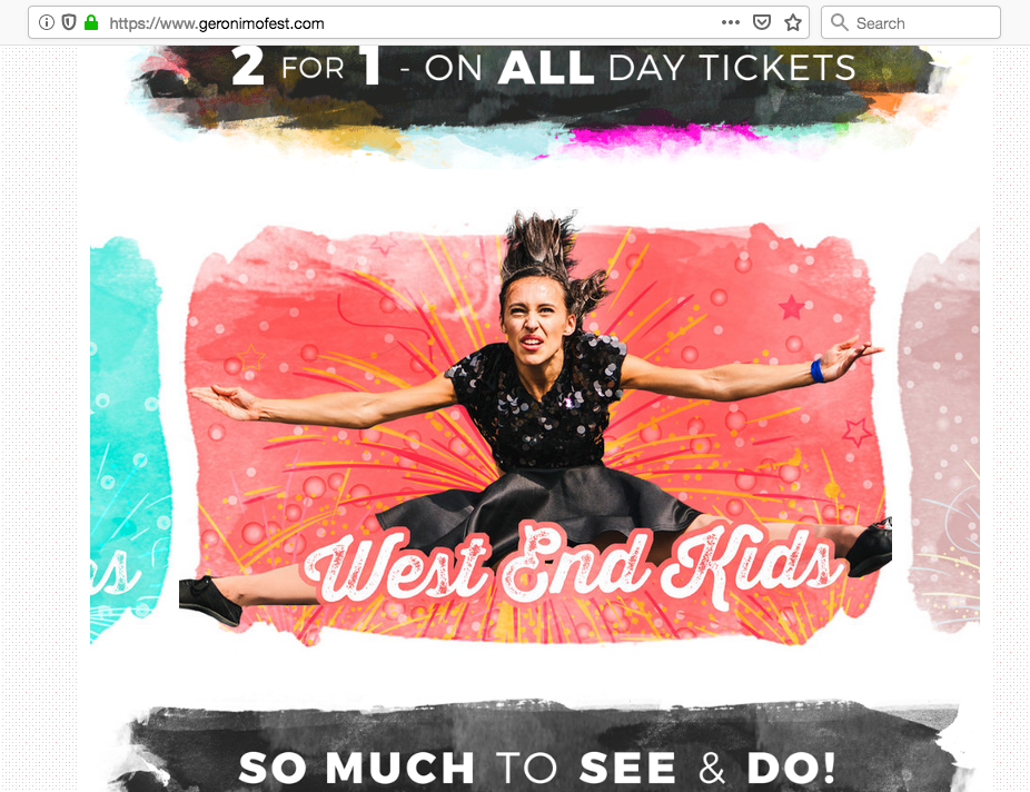 A screenshot of the Geronimo Festival website showing a photo of the West End Kids act on the slider