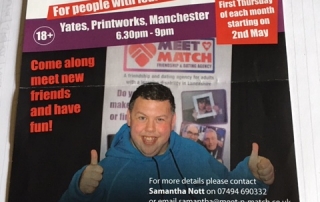 Poster for the Pub Night for people with learning disabilities in Manchester, showing a photo of a happy patron and details of the event in words