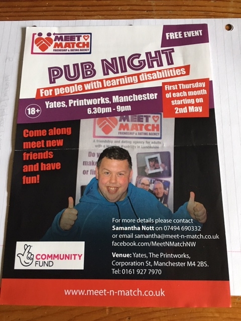 Poster for the Pub Night for people with learning disabilities in Manchester, showing a photo of a happy patron and details of the event in words